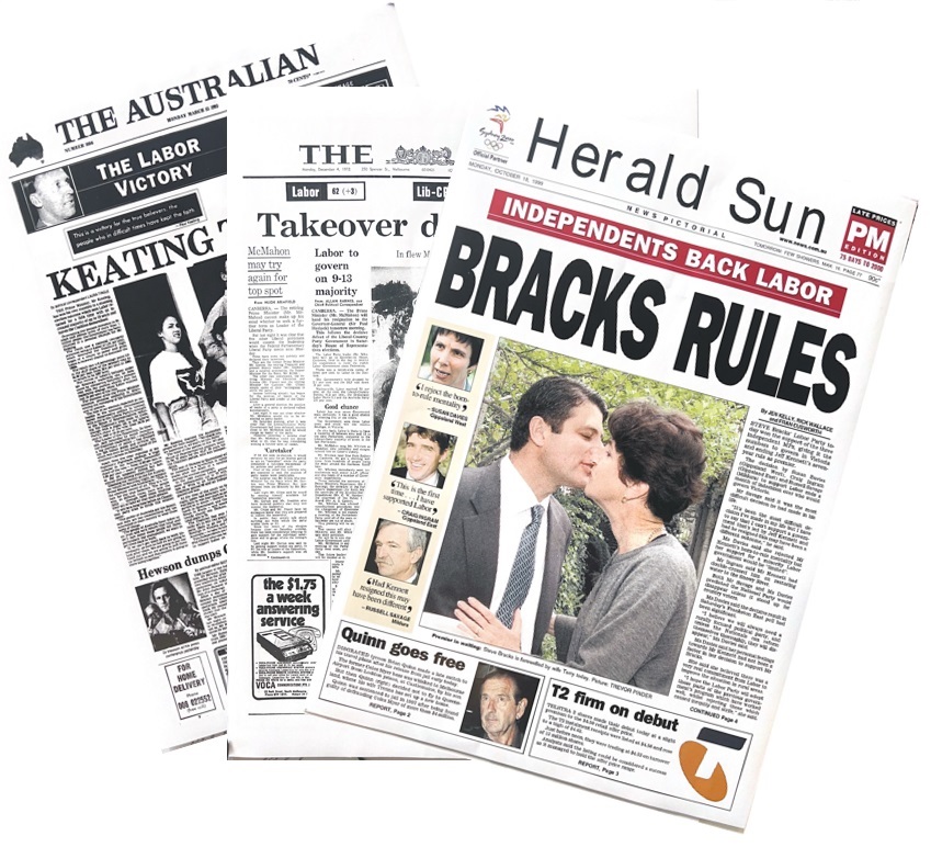 3 newspaper covers fanned out, all with historical Labor moments as the featured article